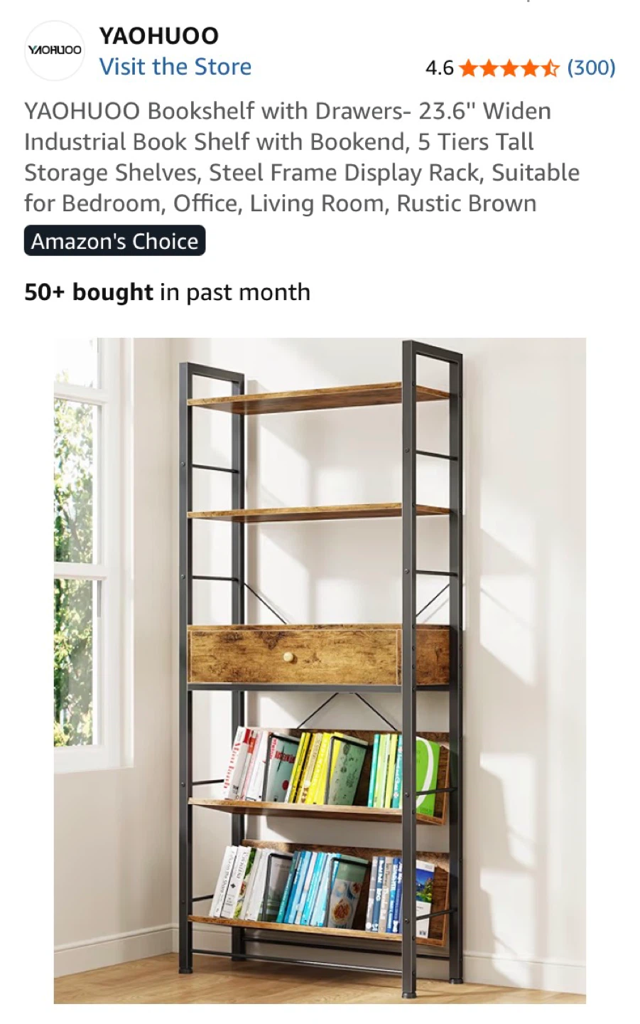 YAOHUOO Bookshelf with Drawers - Rustic Brown