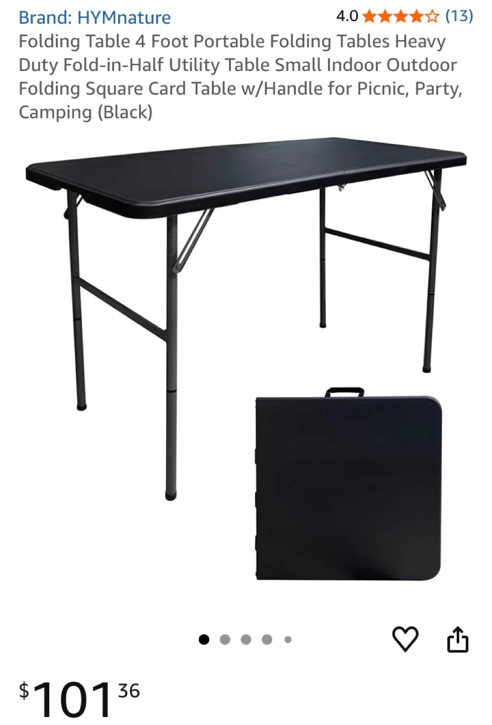 HYMnature 4 Foot Folding Table - Black