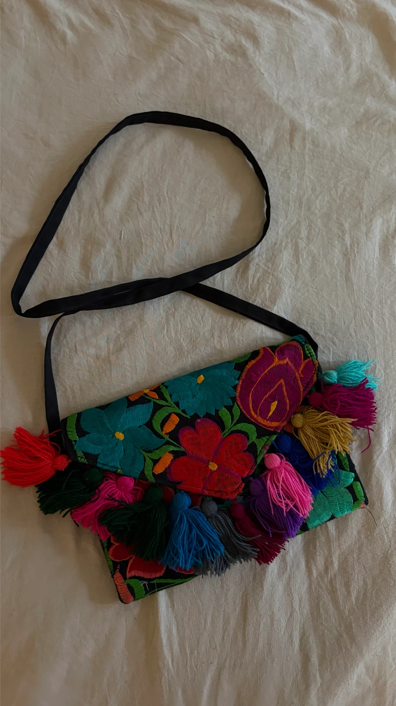 Floral Embroidered Tassel Crossbody Bag