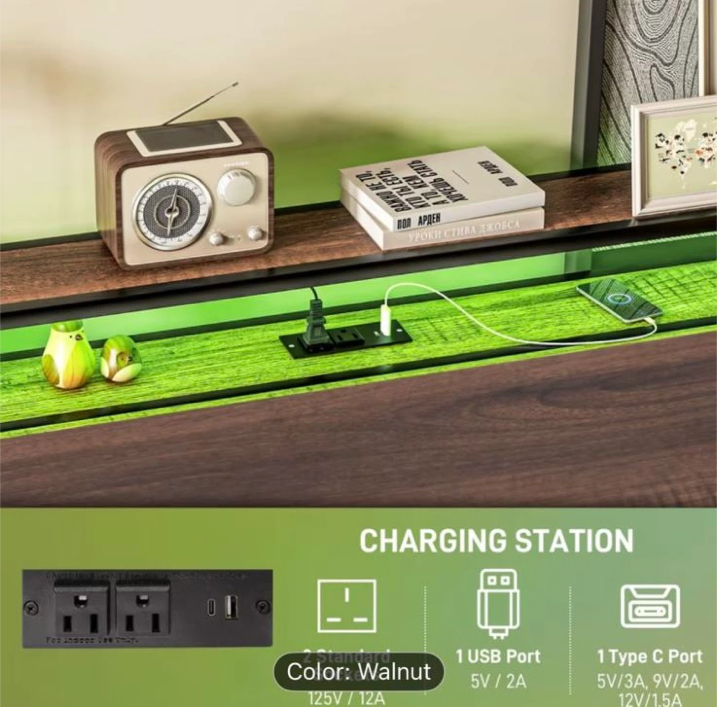 Queen Size Walnut Bed Frame with Charging Station - photo 3