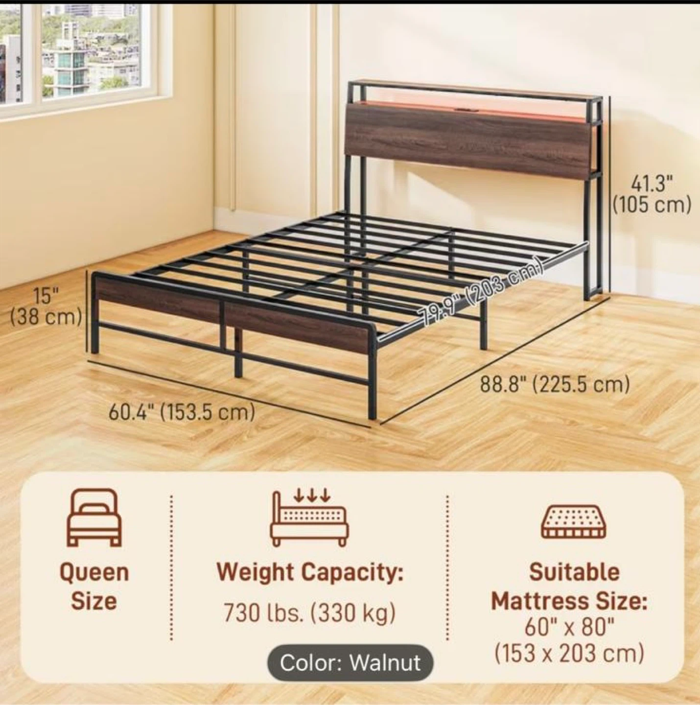 Queen Size Walnut Bed Frame with Charging Station - photo 5