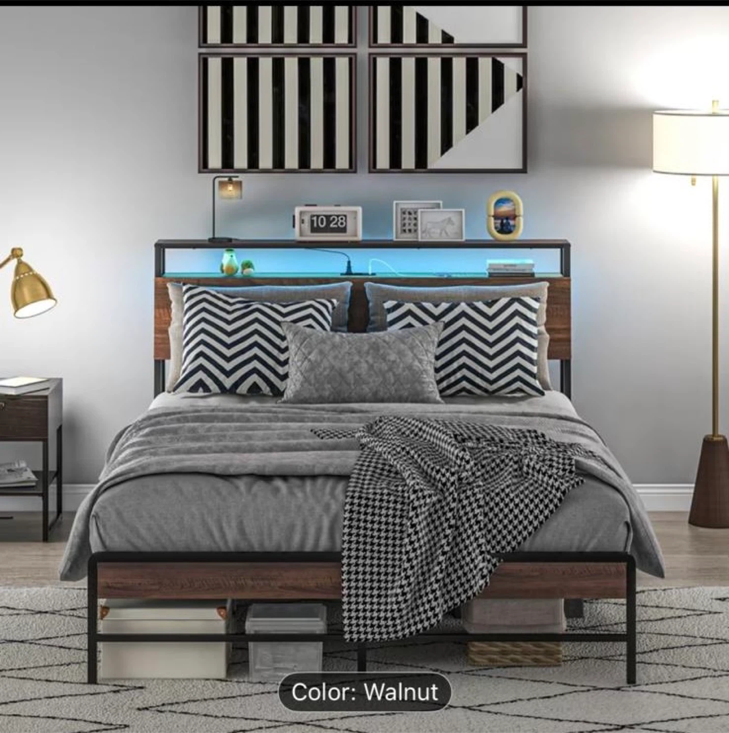 Queen Size Walnut Bed Frame with Charging Station - photo 2