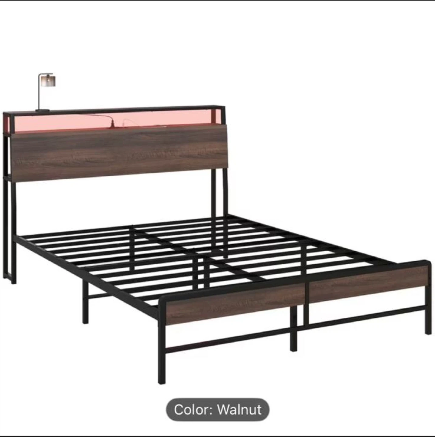 Queen Size Walnut Bed Frame with Charging Station