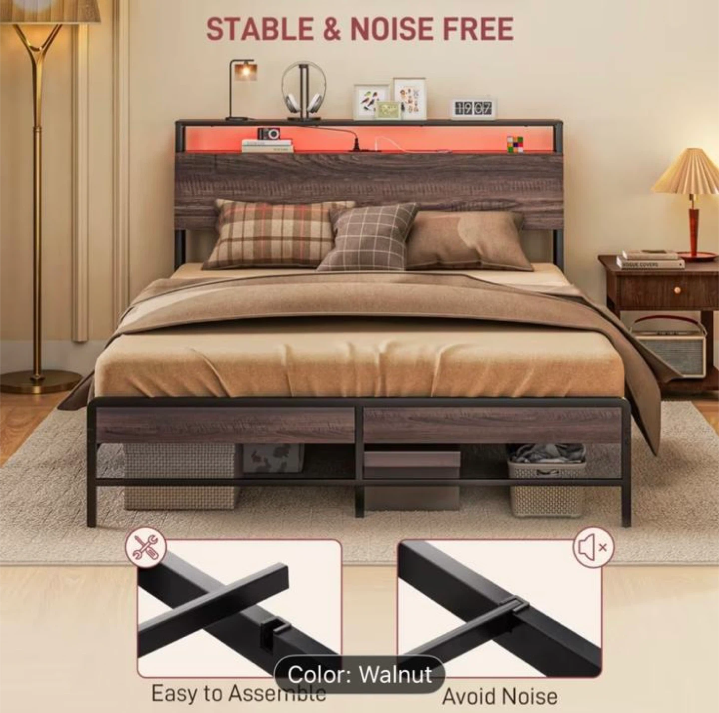 Queen Size Walnut Bed Frame with Charging Station - photo 4