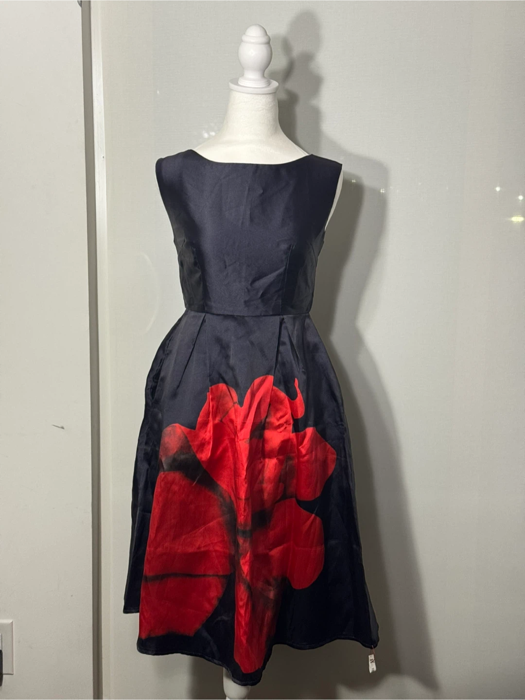 Dark Navy Sleeveless Dress with Red Flower
