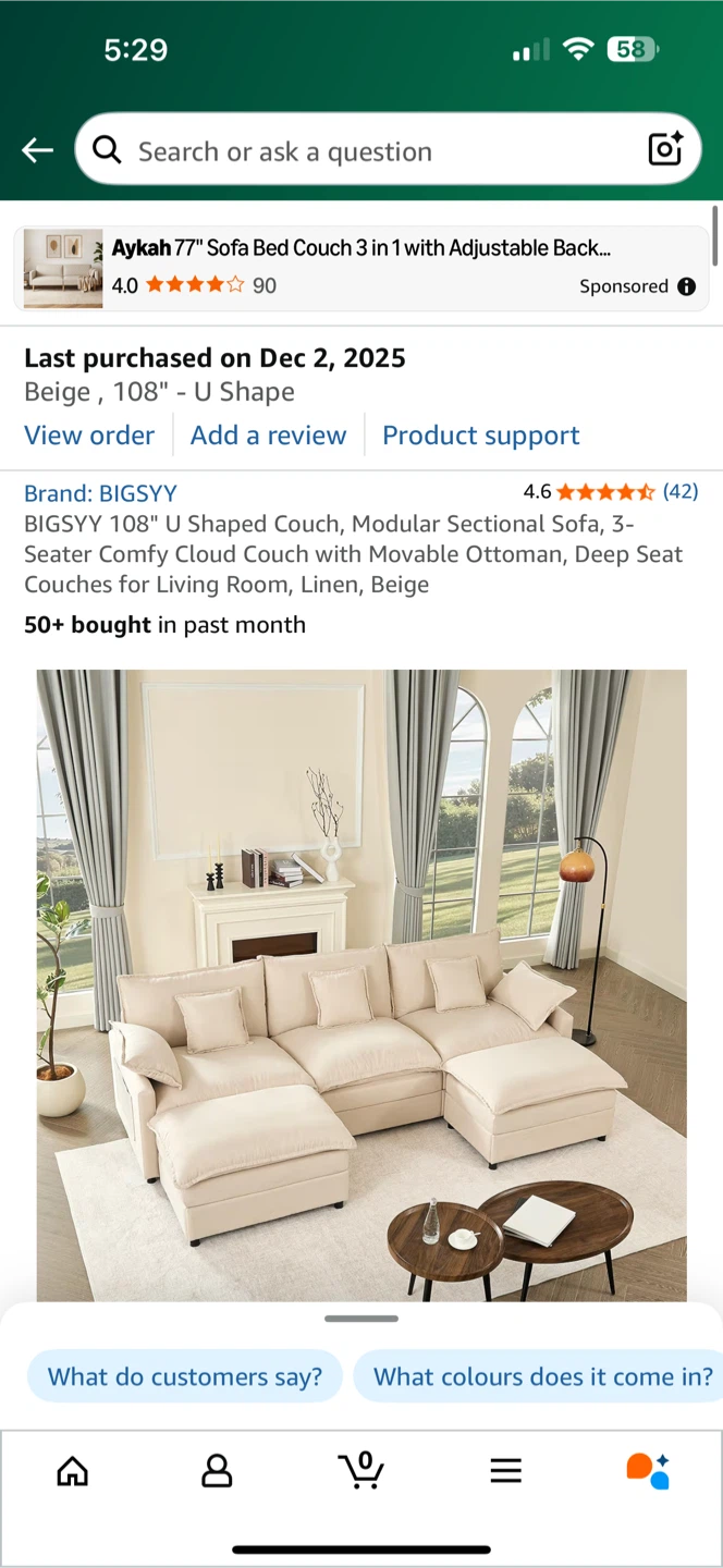 BIGSYY 108" U Shaped Sectional Sofa - Beige