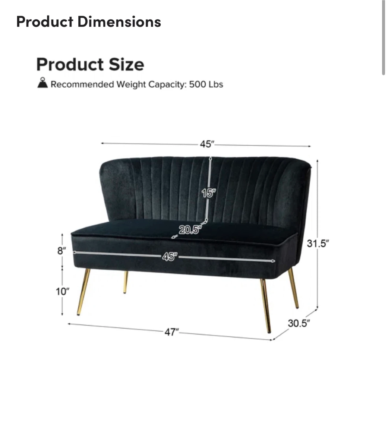 Black Velvet Loveseat with Gold Legs - photo 2