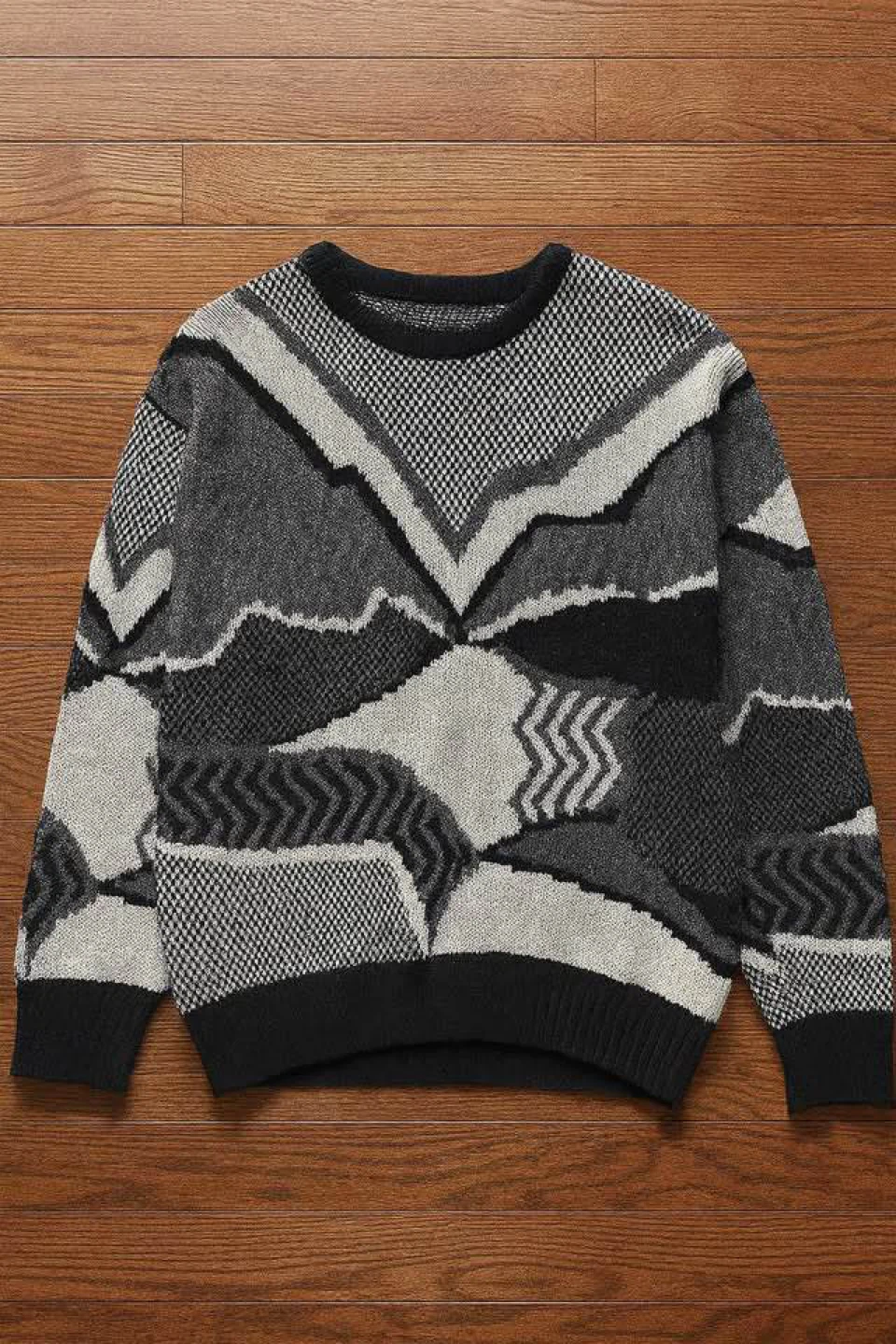 Patterned Knit Sweater - Grey, Black, White