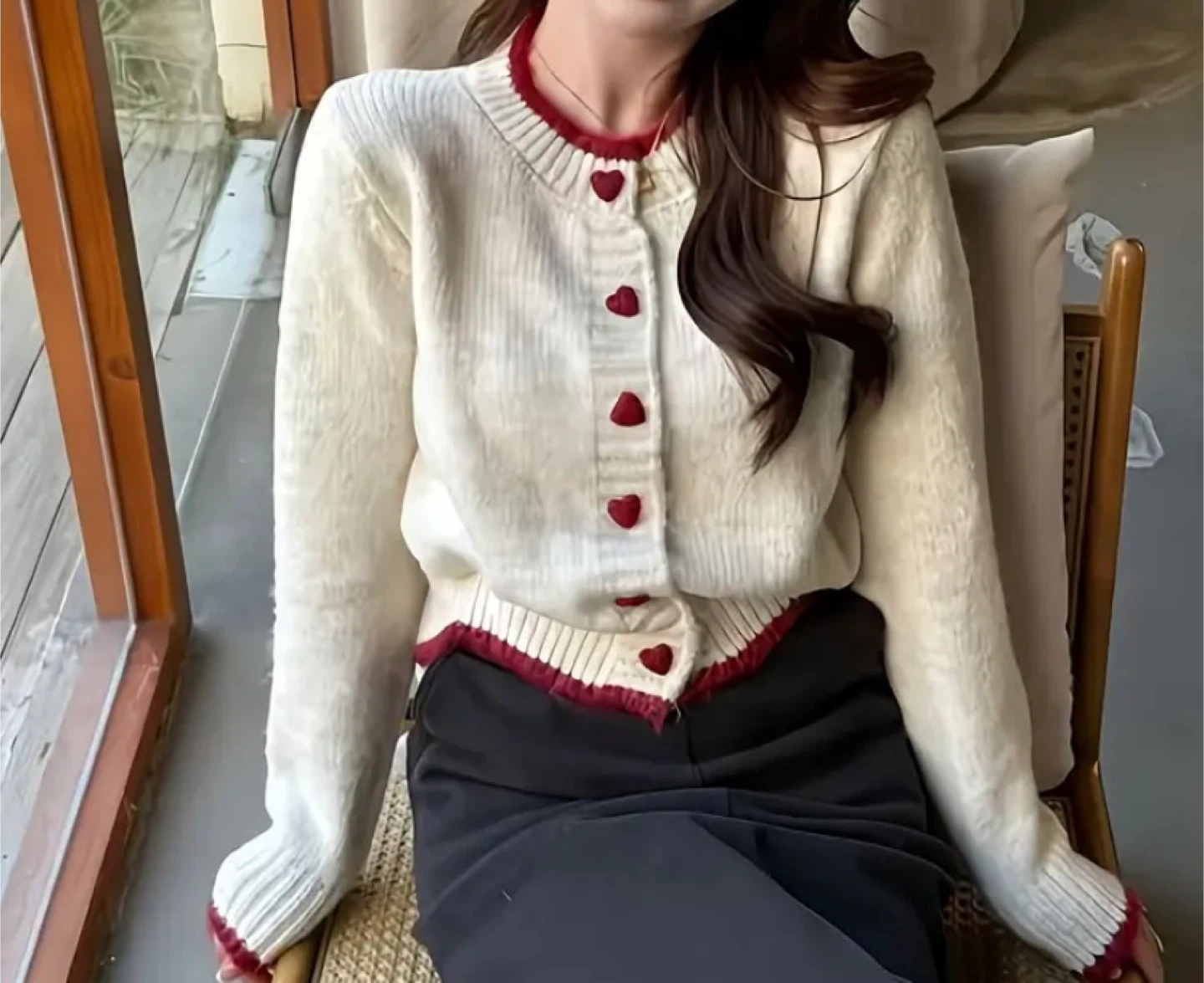 Heart Button Knit Cardigan - Cream & Red - photo 4