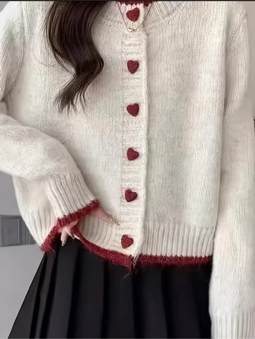 Heart Button Knit Cardigan - Cream & Red - photo 5