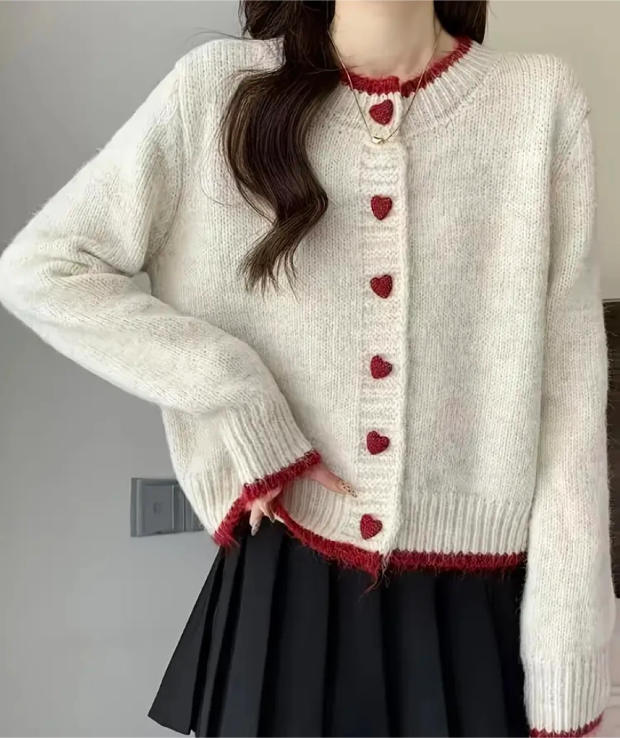 Heart Button Knit Cardigan - Cream & Red