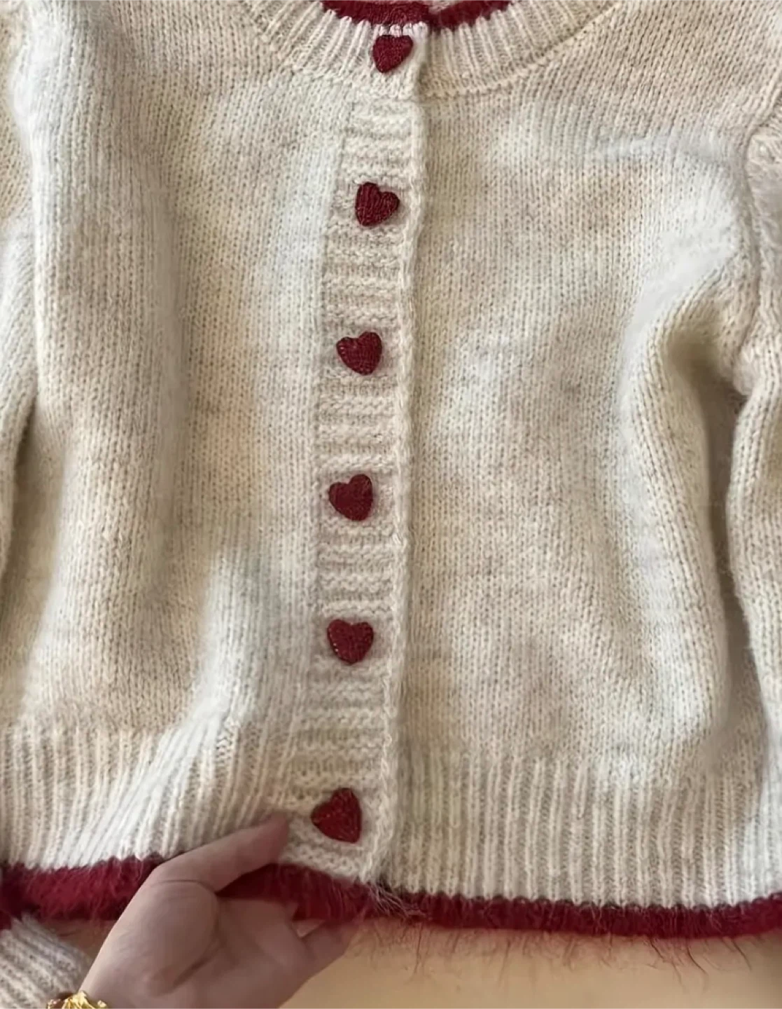 Heart Button Knit Cardigan - Cream & Red - photo 3