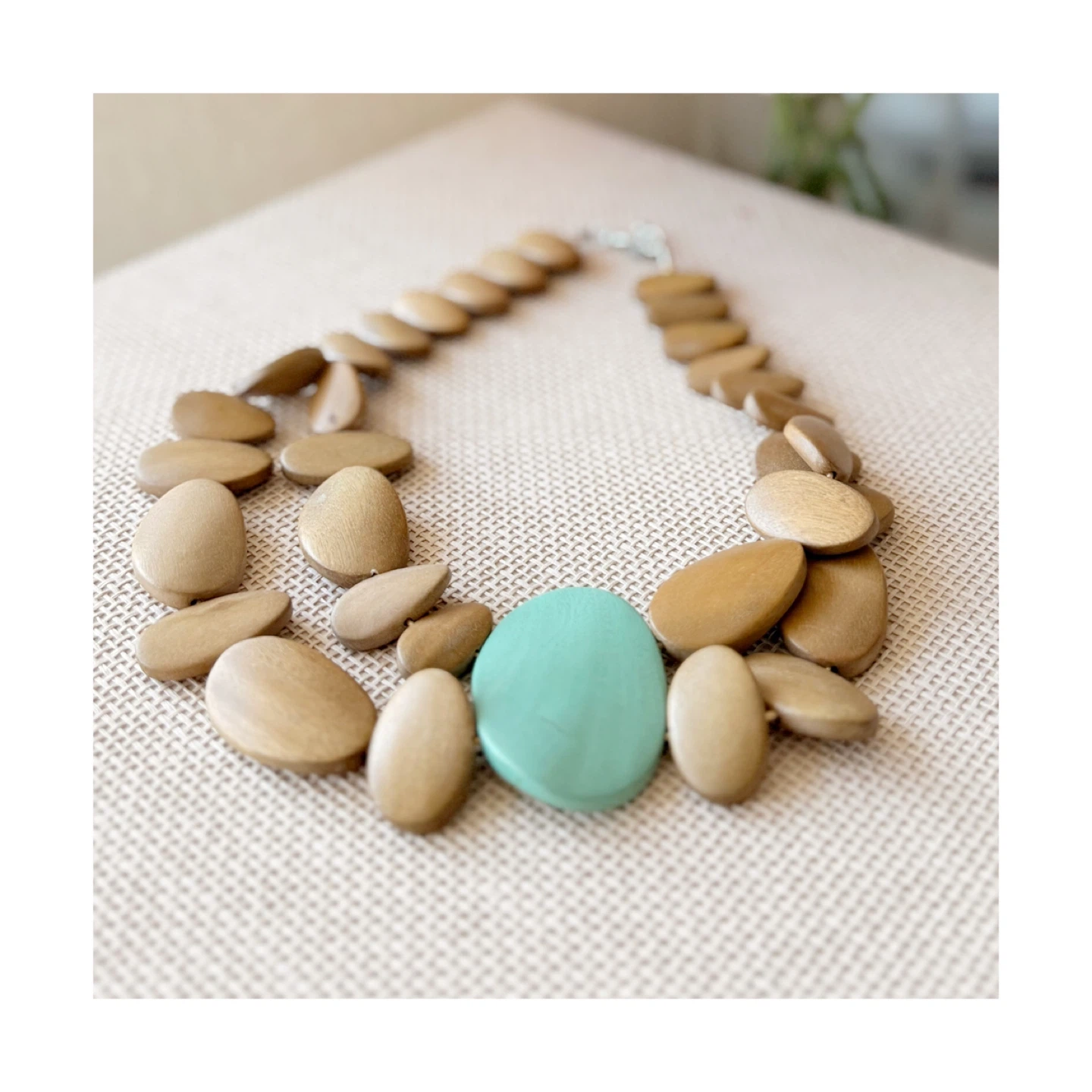 Wooden Bead Necklace with Teal Accent