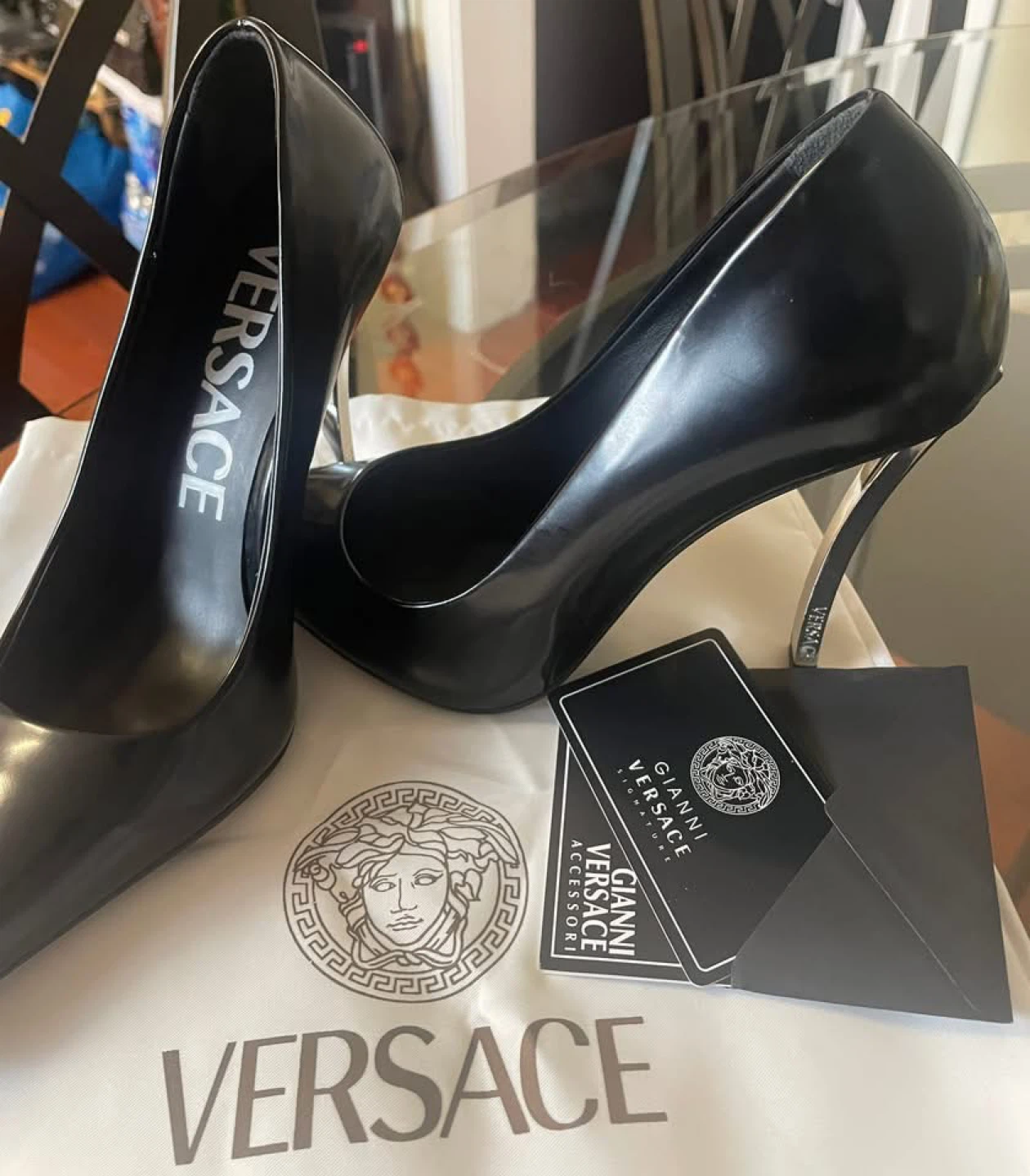 Versace Black Pointed Heels, Size 7