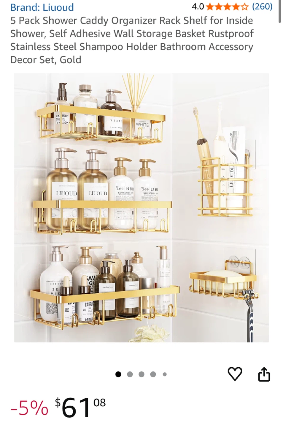 5-Piece Gold Shower Caddy Set