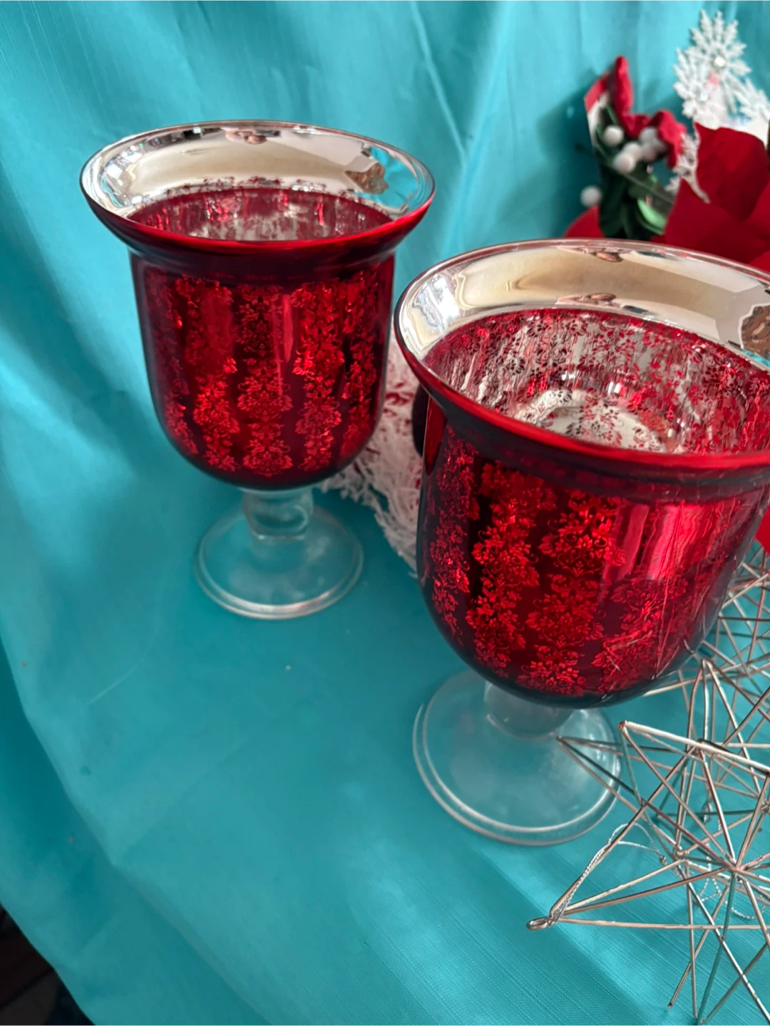 Christmas Decor - Red Candle Holders, Ribbon, Flowers - photo 5