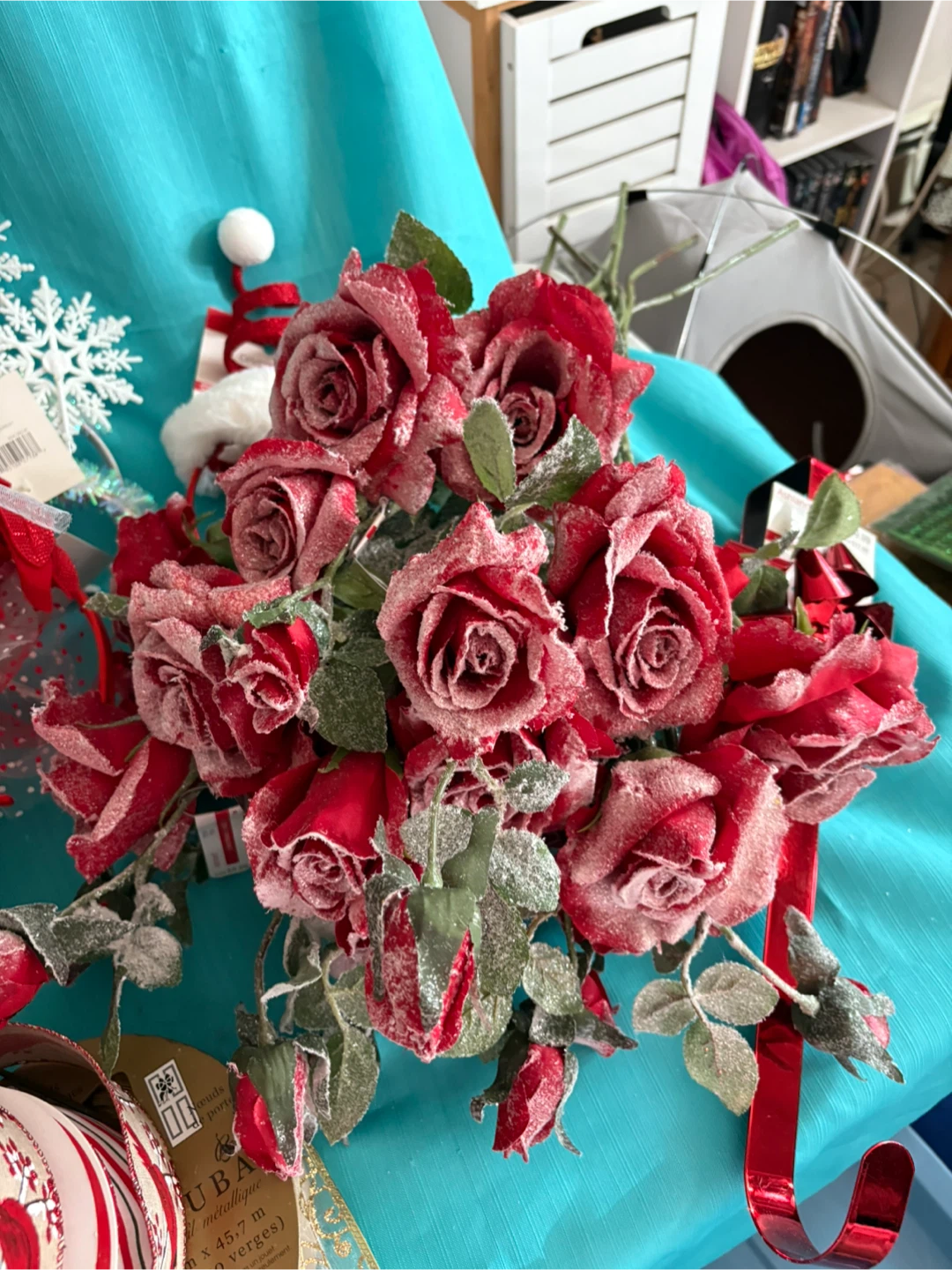 Christmas Decor - Red Candle Holders, Ribbon, Flowers - photo 2