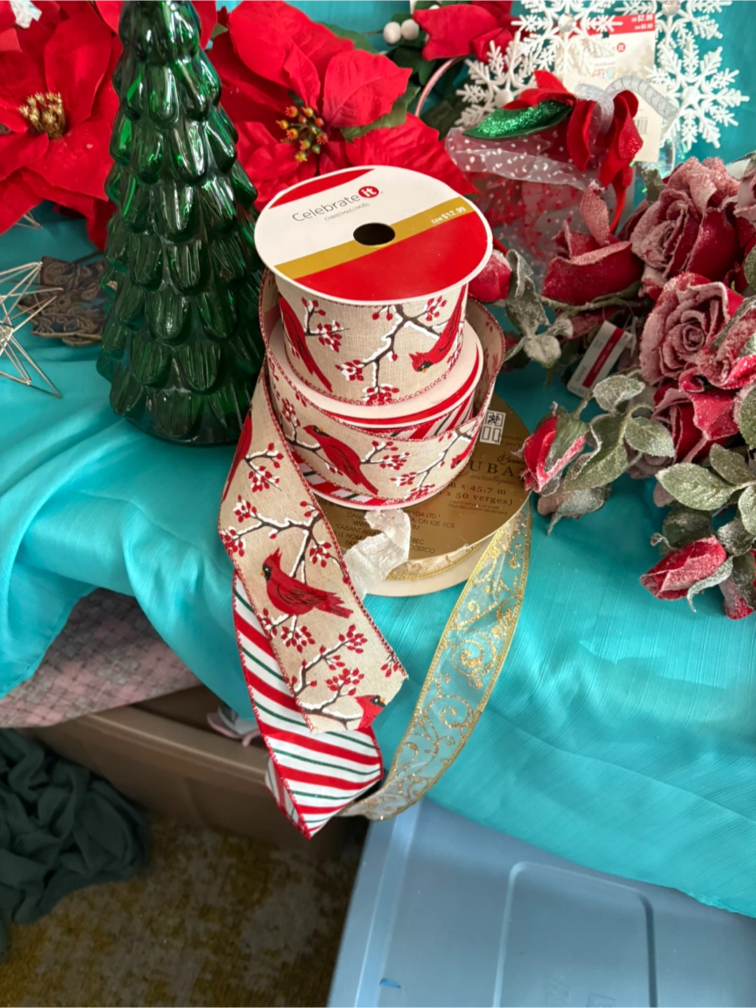 Christmas Decor - Red Candle Holders, Ribbon, Flowers - photo 4
