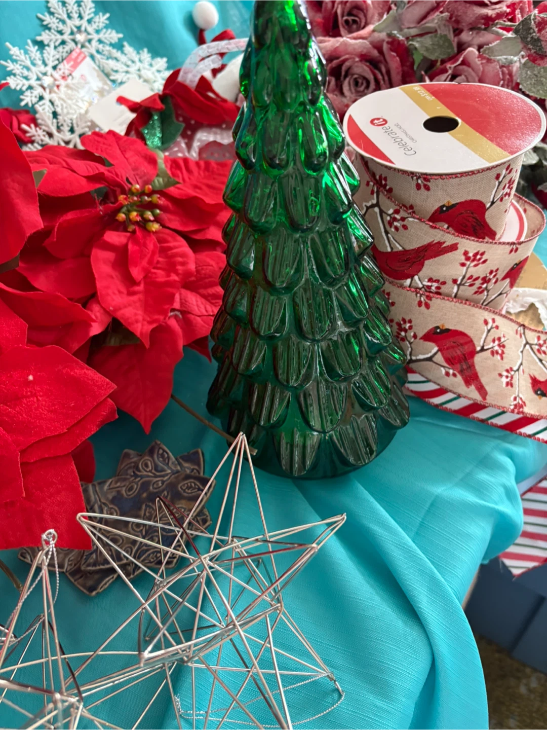 Christmas Decor - Red Candle Holders, Ribbon, Flowers - photo 3