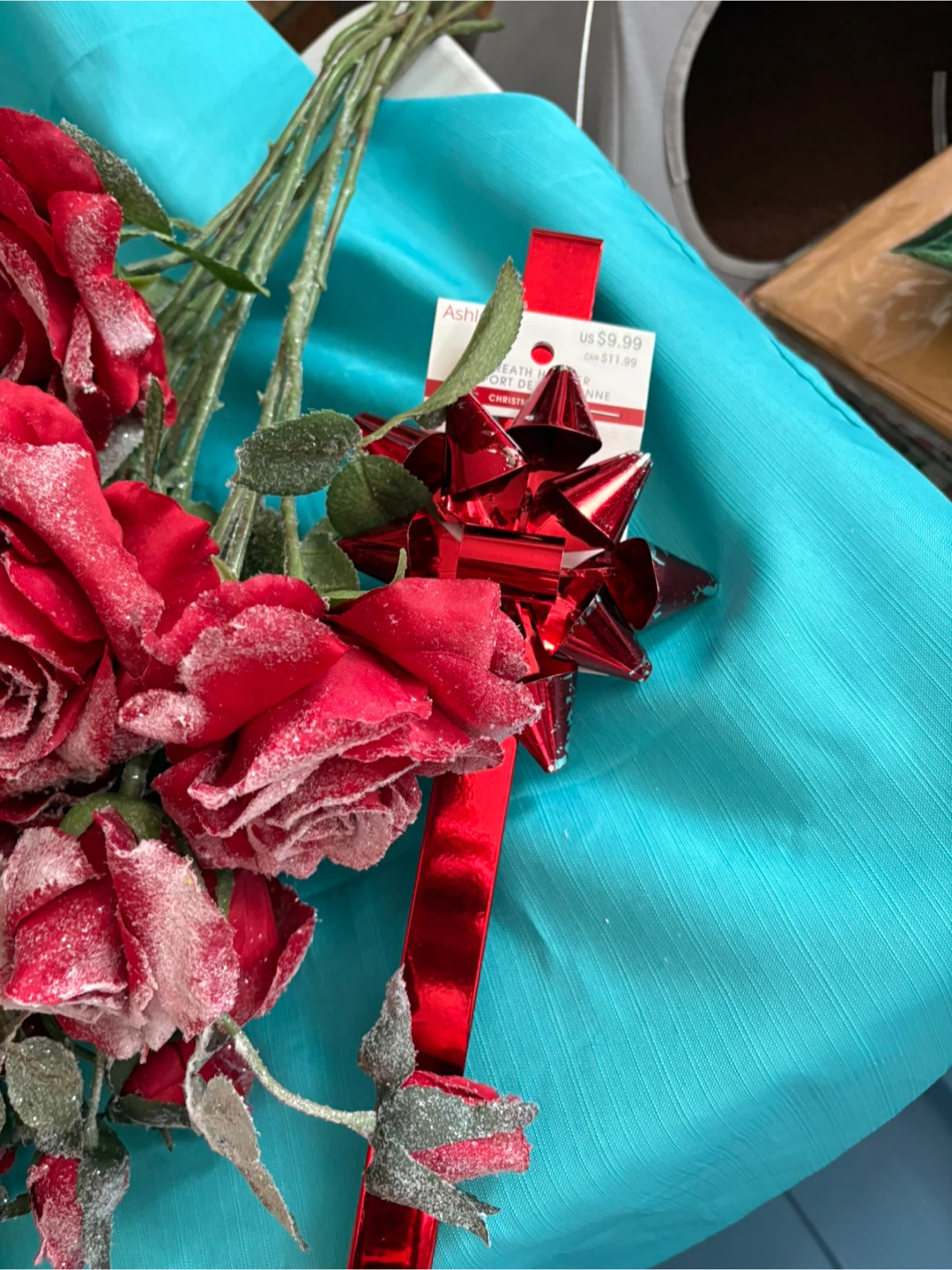 Christmas Decor - Red Candle Holders, Ribbon, Flowers