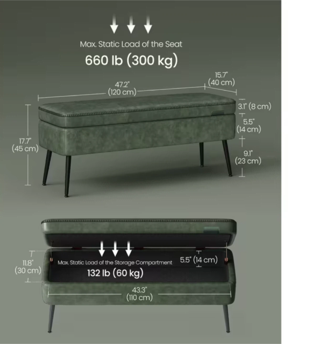 Green Ottoman Storage Bench - 47.2" Wide - photo 2