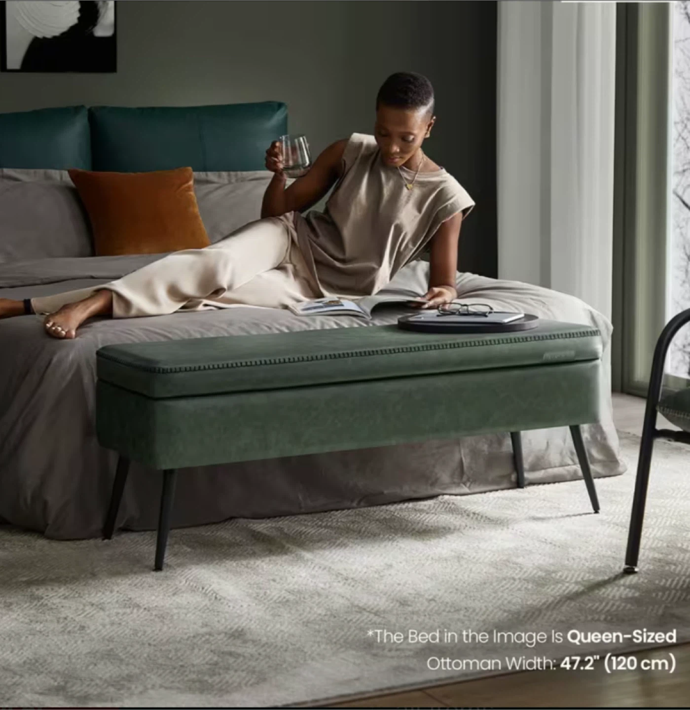 Green Ottoman Storage Bench - 47.2" Wide