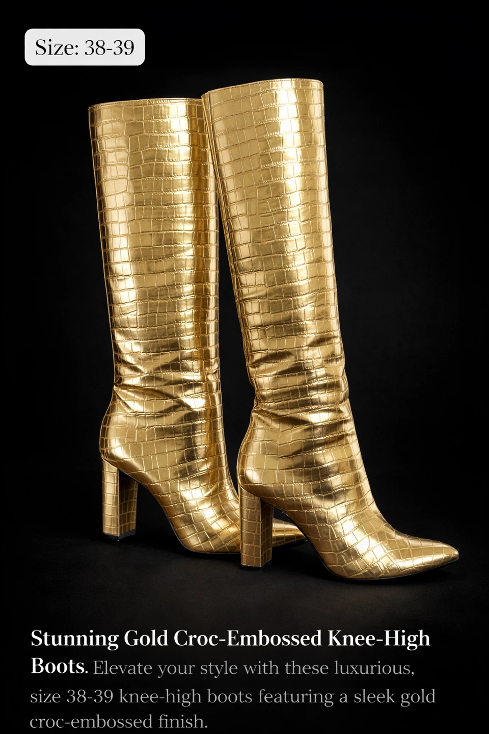 Gold Croc-Embossed Knee-High Boots Size 38-39