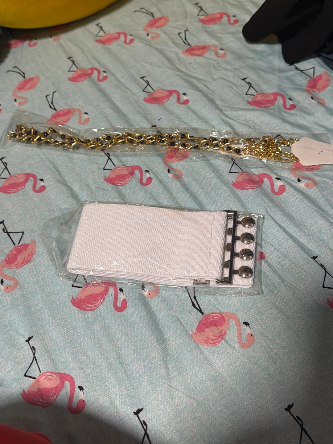 White Elastic Belt & Gold Chain Belt