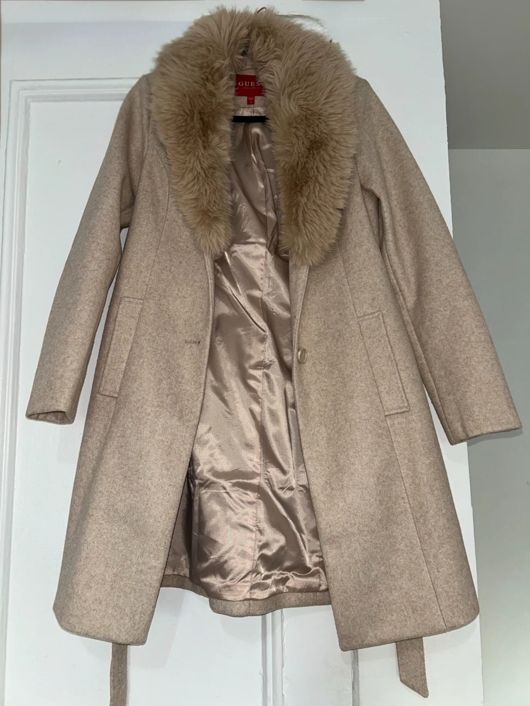 Guess Beige Peacoat with Faux Fur Collar