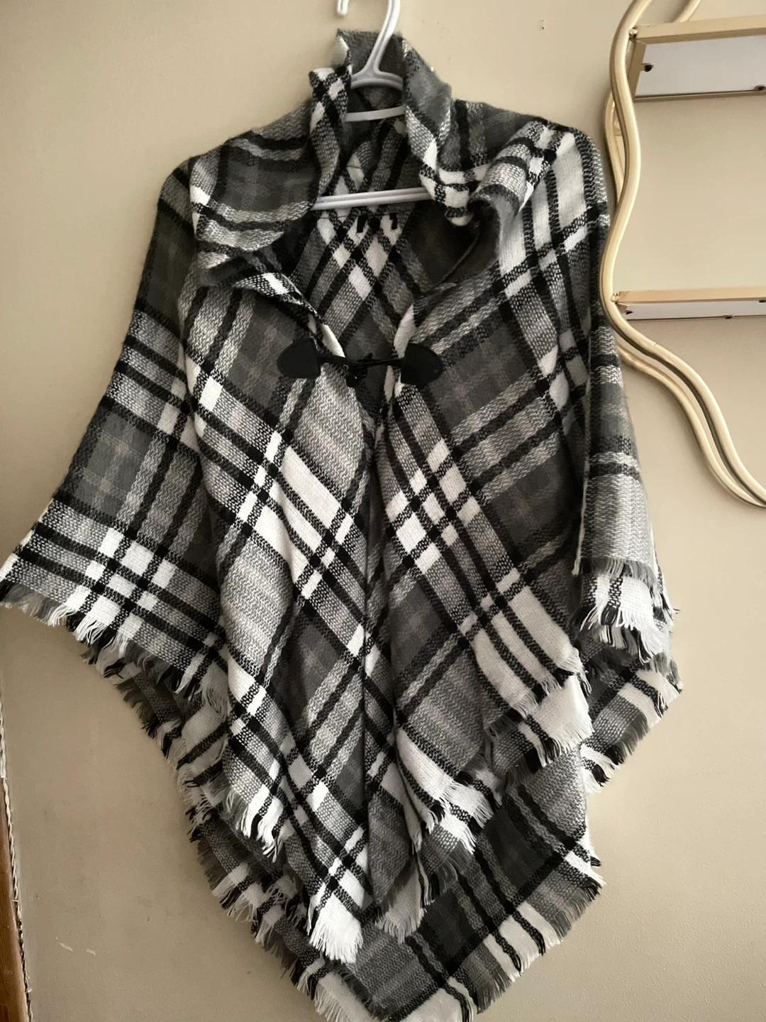 Plaid Poncho - Black, White, Gray