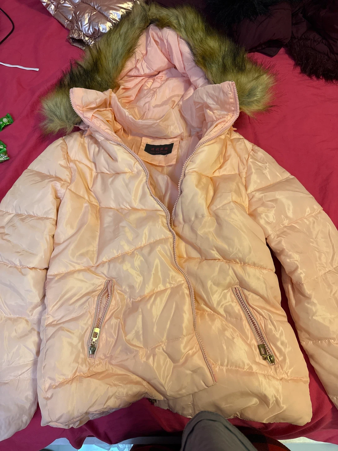 Pink Puffer Jacket with Faux Fur Hood