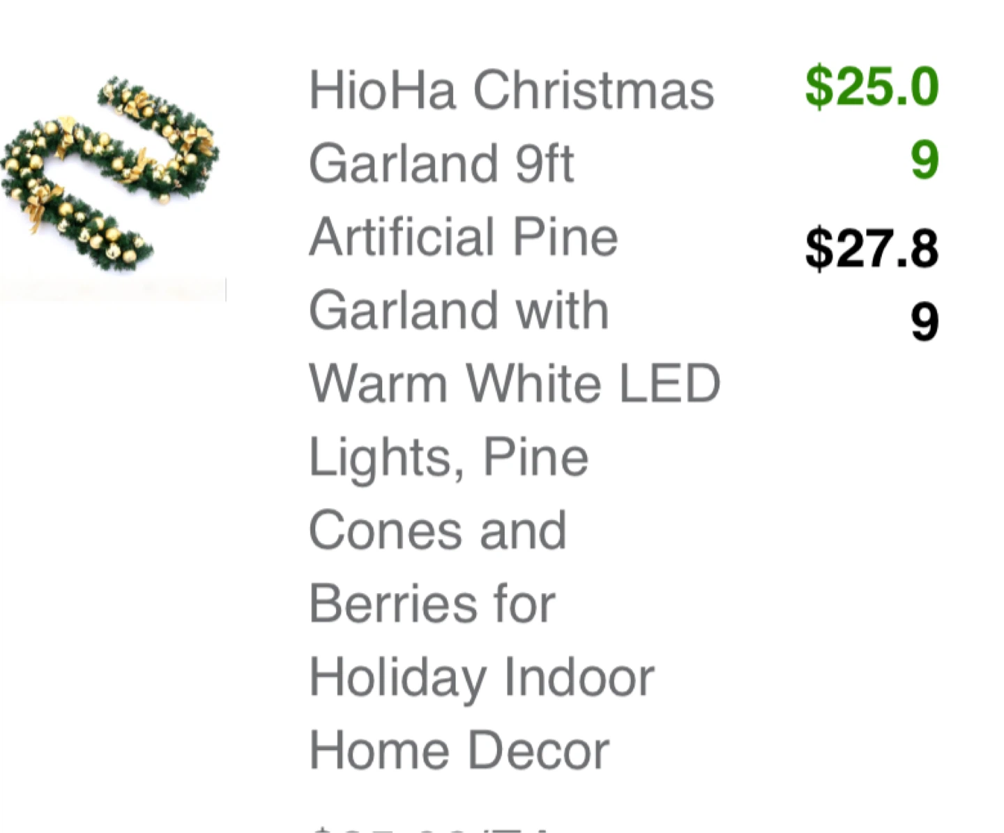 HioHa Christmas Garland 9ft w/ LED Lights