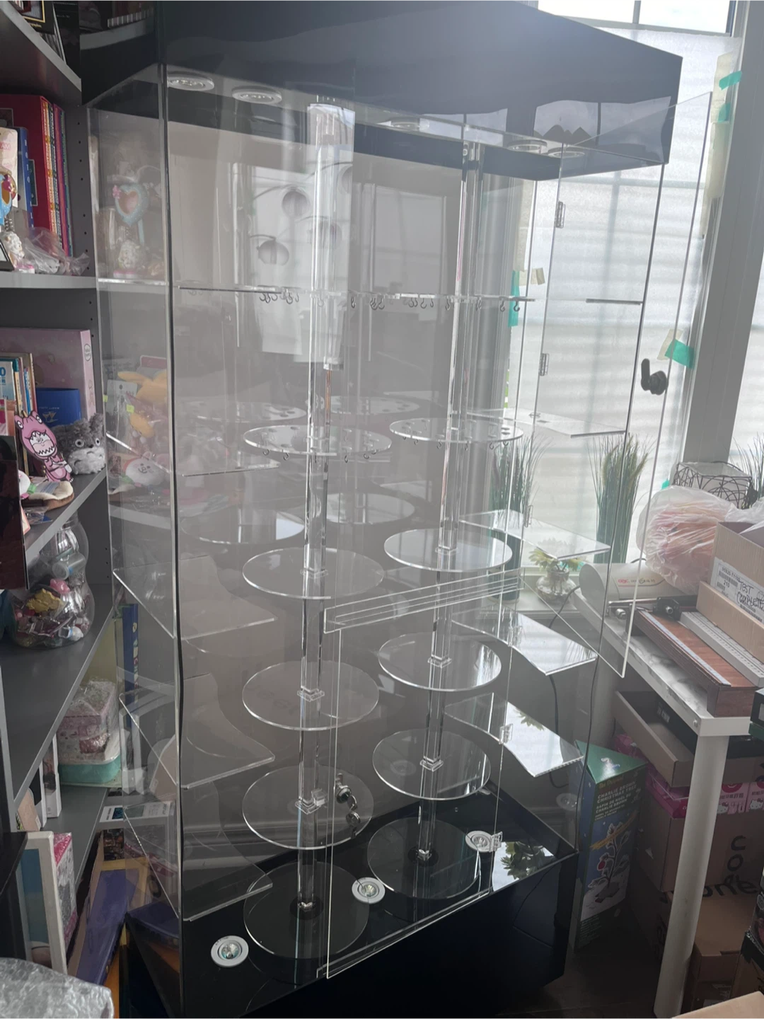 Acrylic Turning Display Case - Black Base, Clear Shelves
