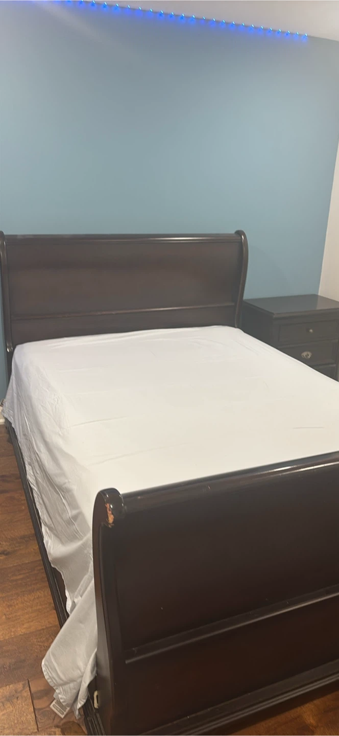 Dark solid  Wood Nightstand & Queen Bed Frame Set