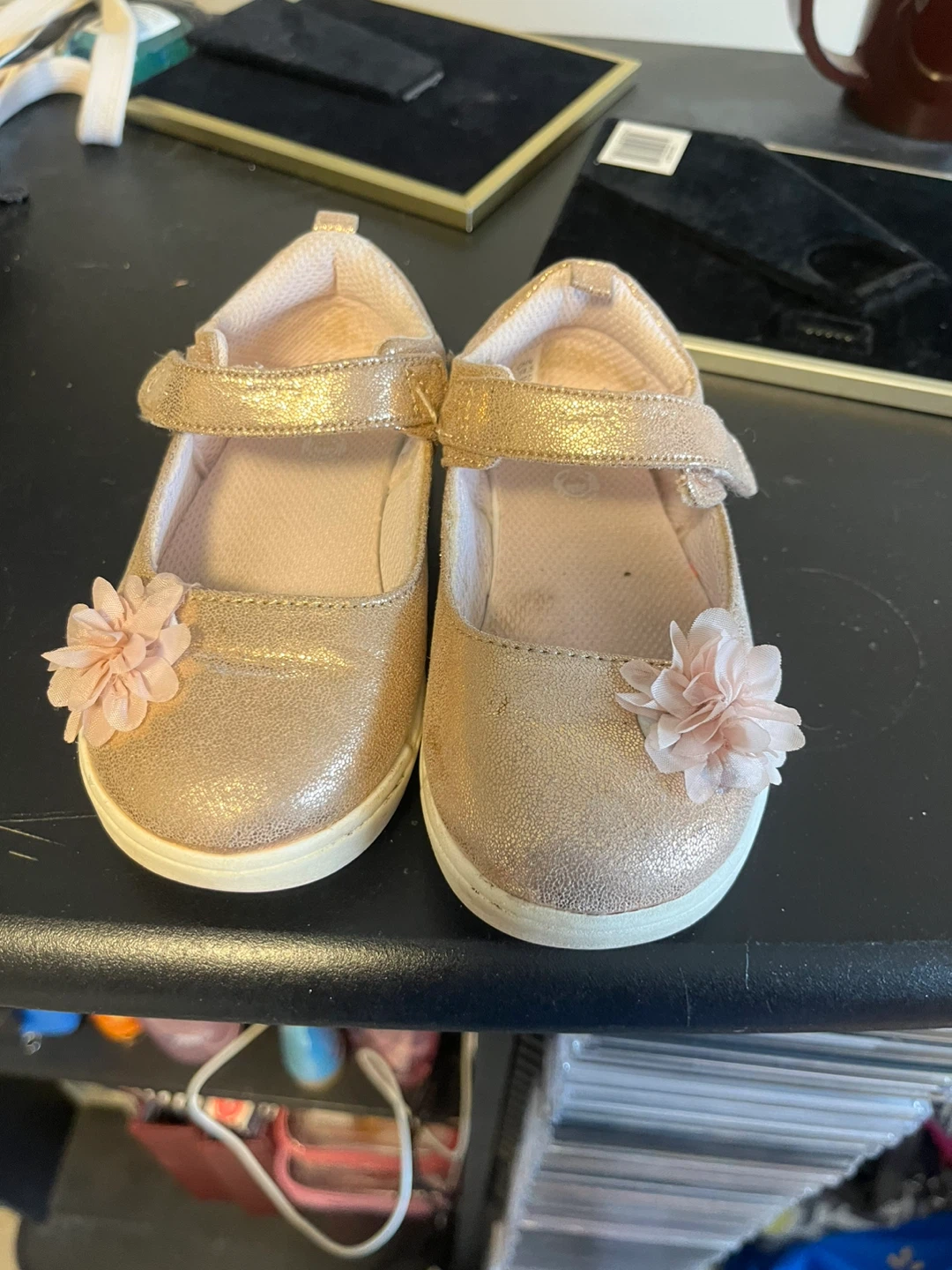 Girls' Gold Mary Jane Shoes with Flower Detail