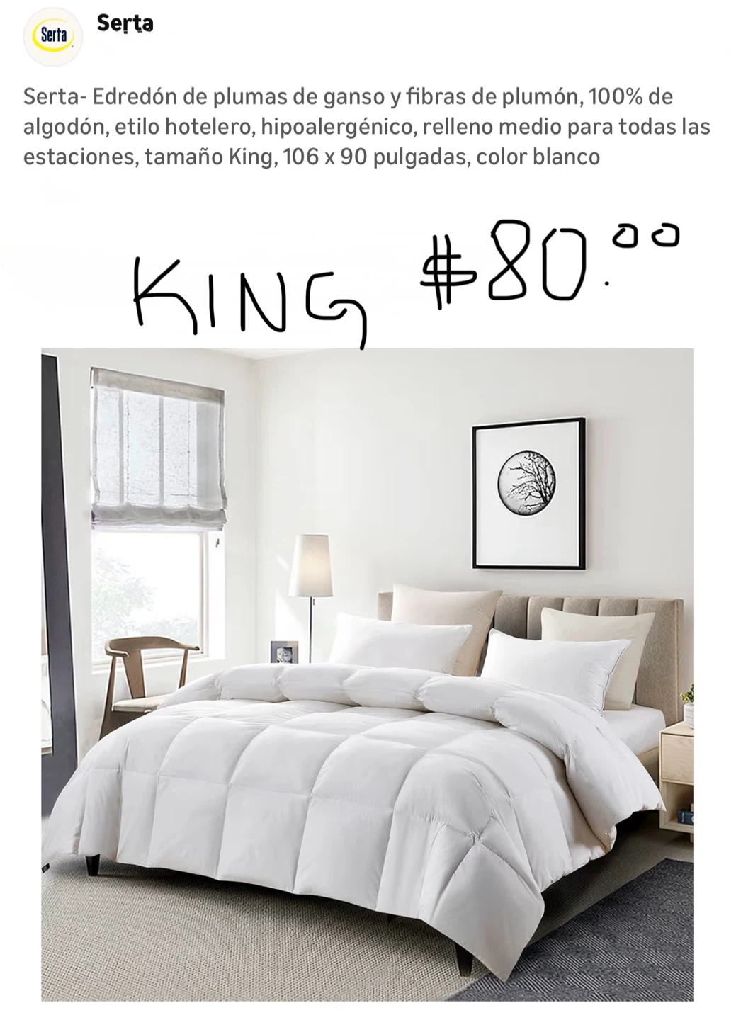 Serta King Size White Goose Down Comforter