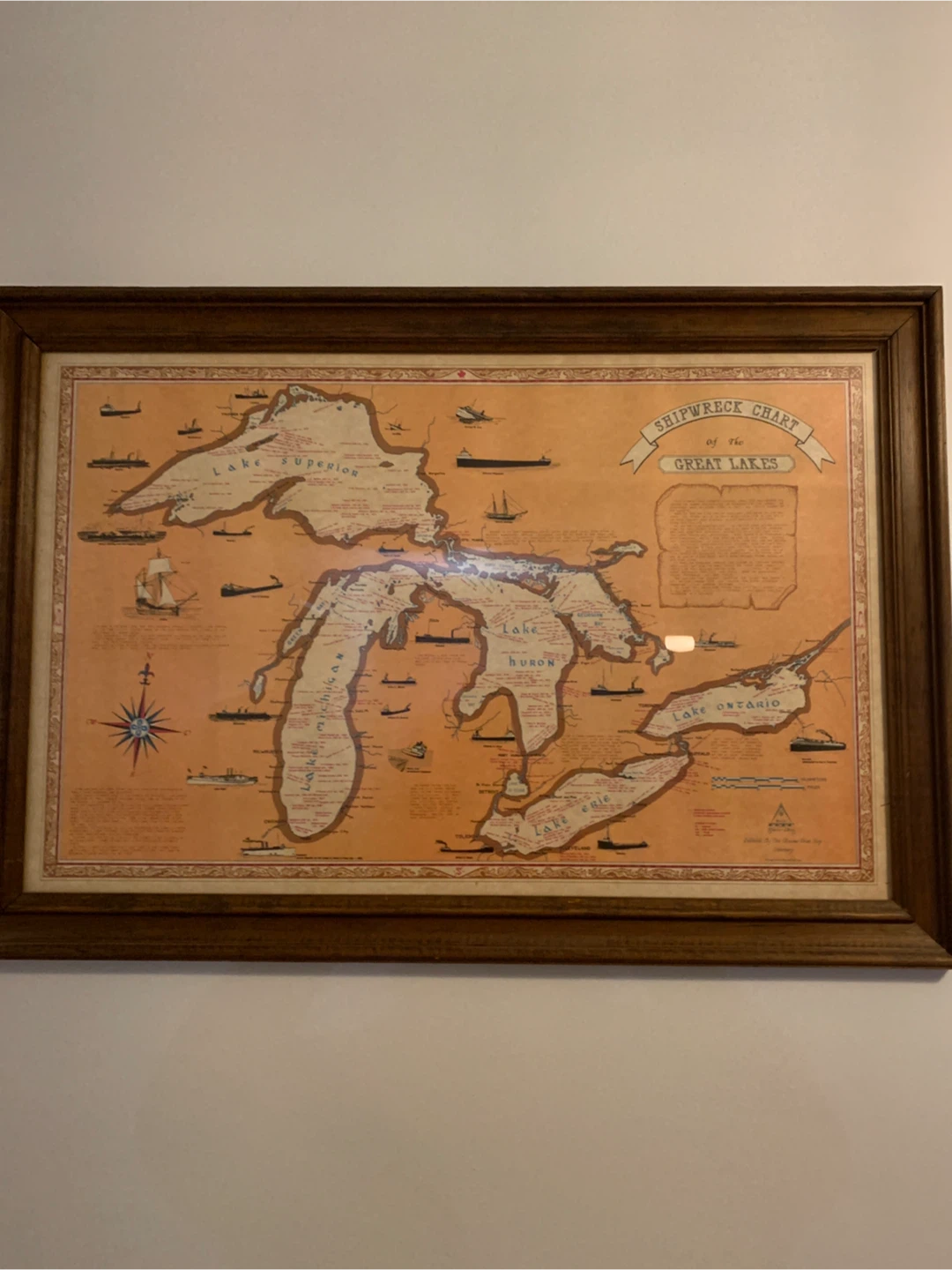 Framed Shipwreck Chart of the Great Lakes