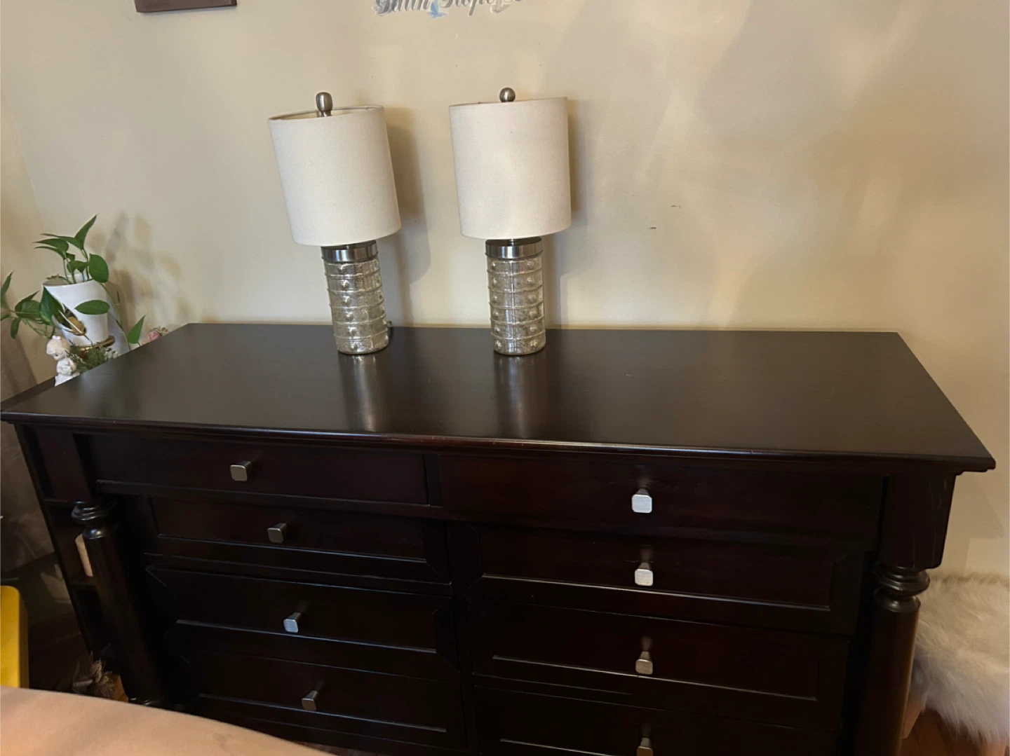 Dark Wood Dresser with Lamps