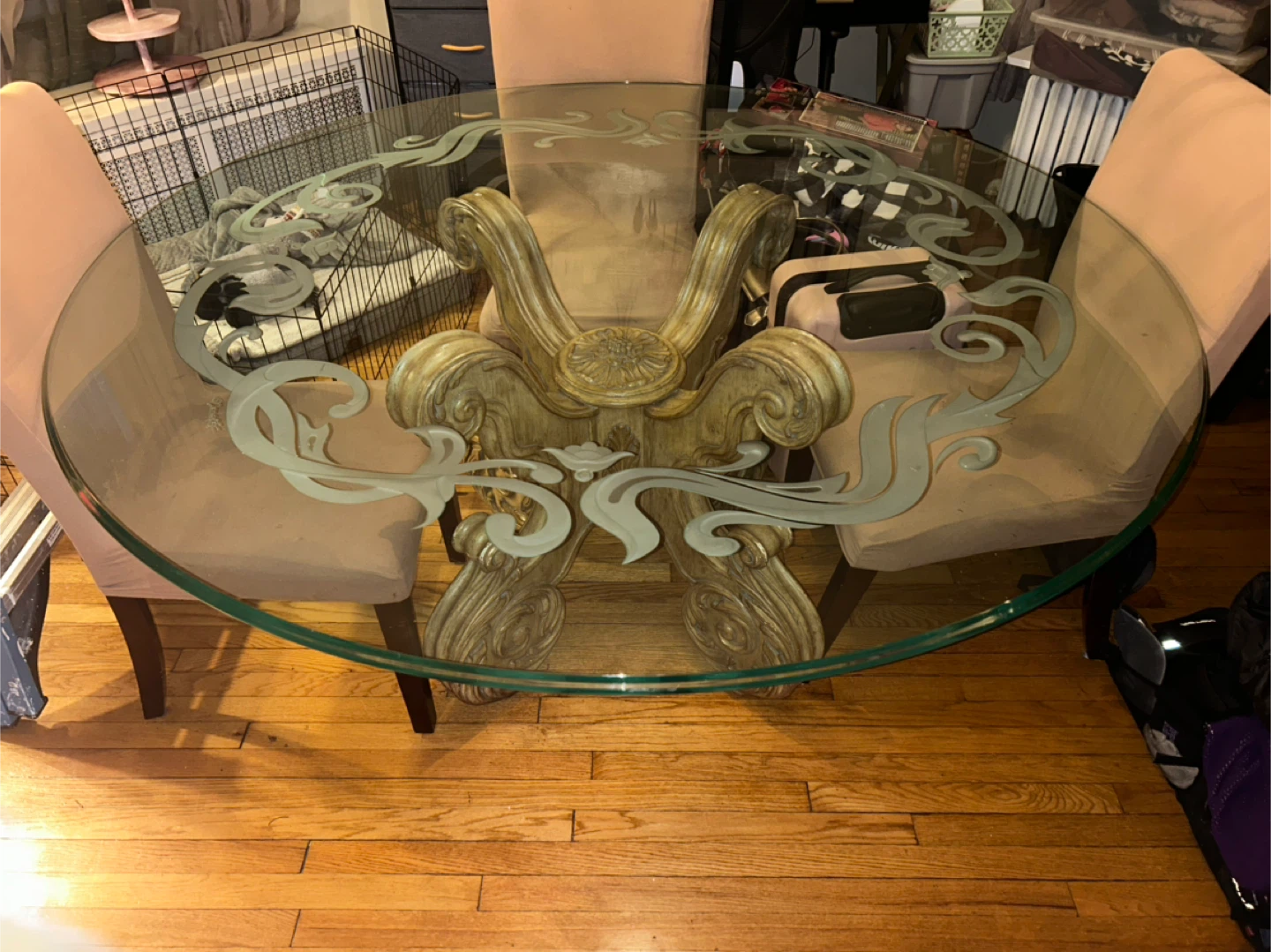 Round Glass Dining Table with Ornate Base - photo 2