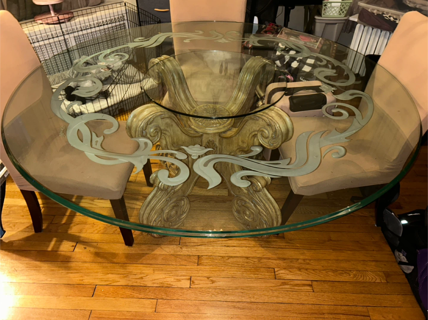Round Glass Dining Table with Ornate Base - photo 4
