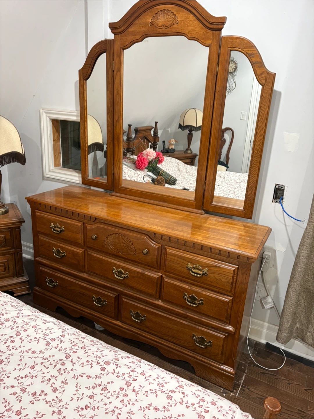 Vintage Wooden Dresser with Tri-Fold Mirror