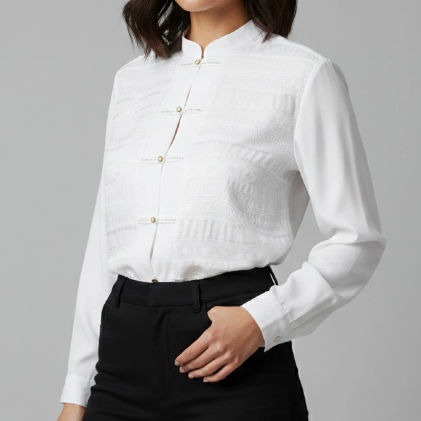 Vintage Pronti Mandarin Collar Blouse and Rhinestone Buttons