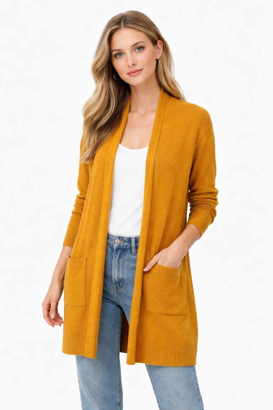 Verve Ami Women’s Mustard Long Open Front Cardigan XL Pockets