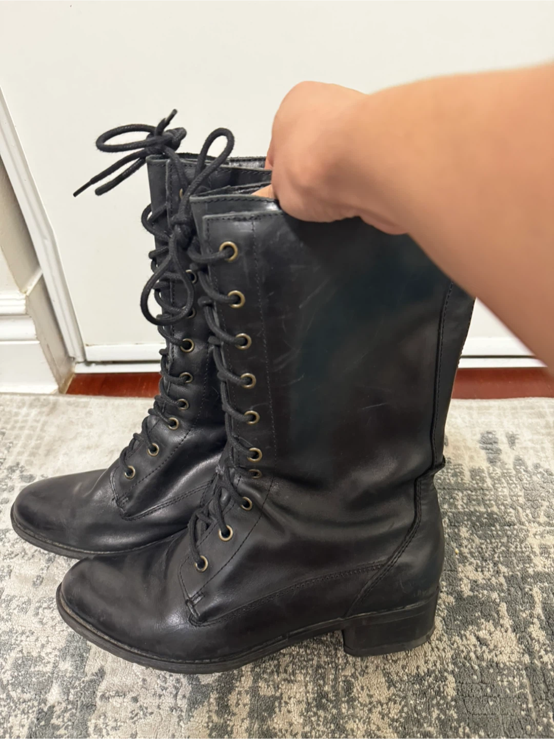 Hush Puppies Black Leather Lace-Up Boots - Size 8