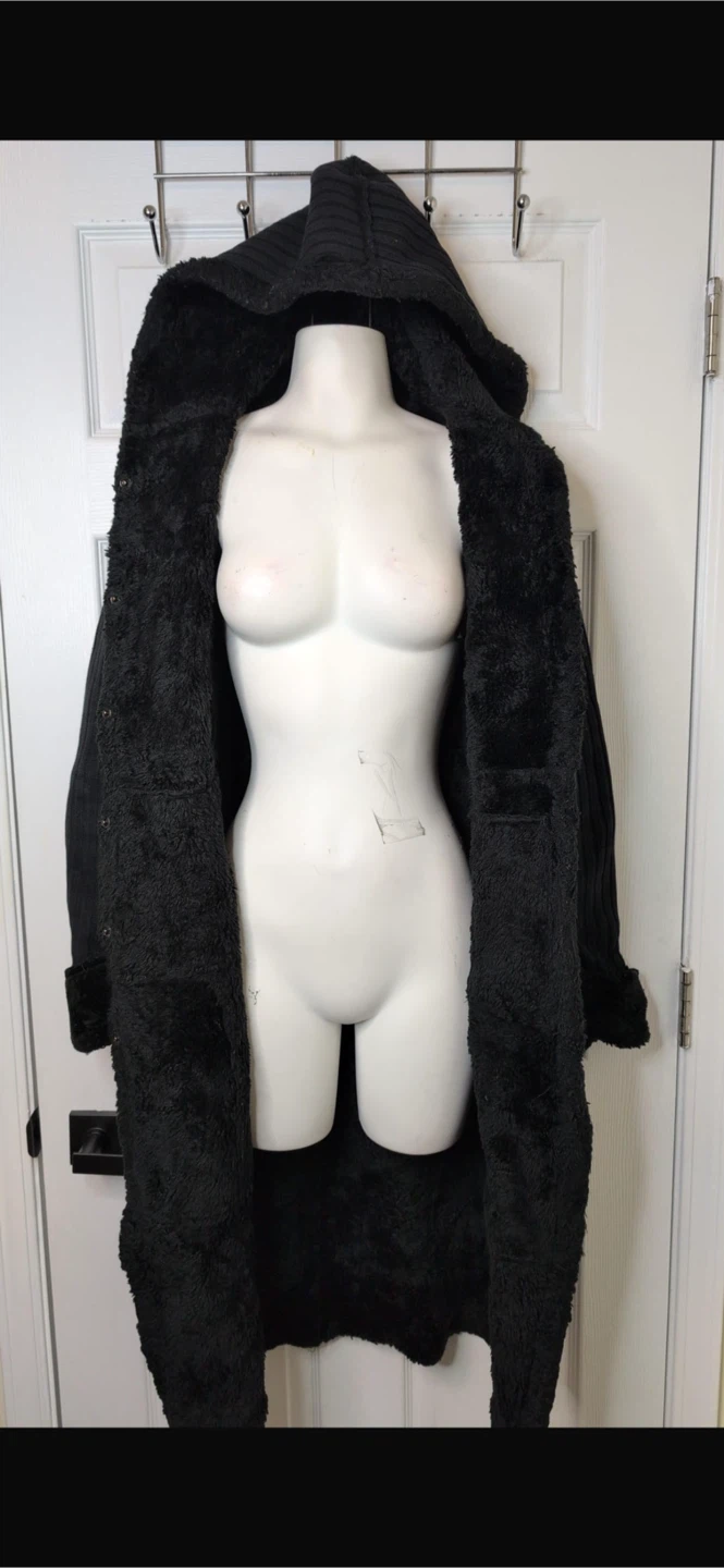 Le Château Black Hooded Faux Shearling Lined Long Coat - photo 2