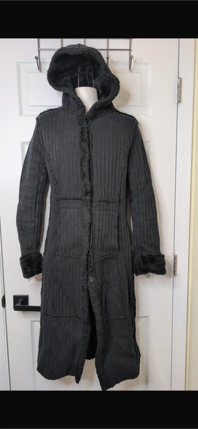 Le Château Black Hooded Faux Shearling Lined Long Coat