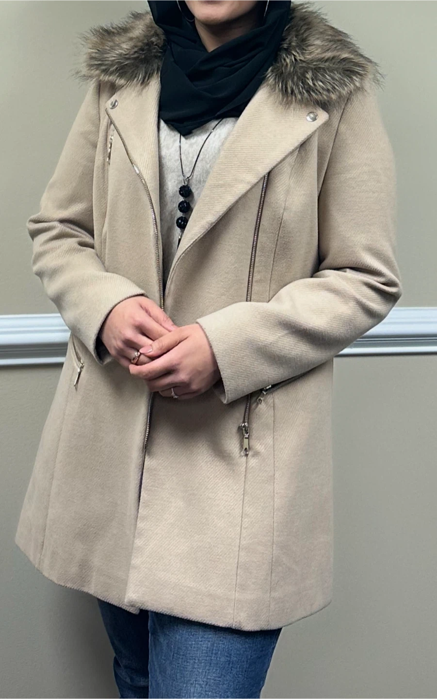Beautiful Beige Coat with Faux Fur Collar