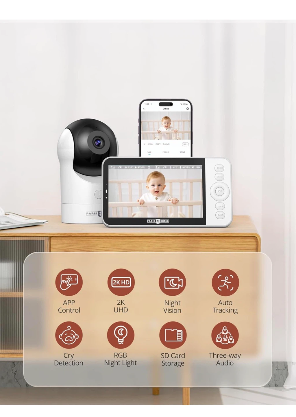 Paris Rhône Baby Monitor 2K Quad HD,WiFi,Night Vision, 5”Monitor - photo 2