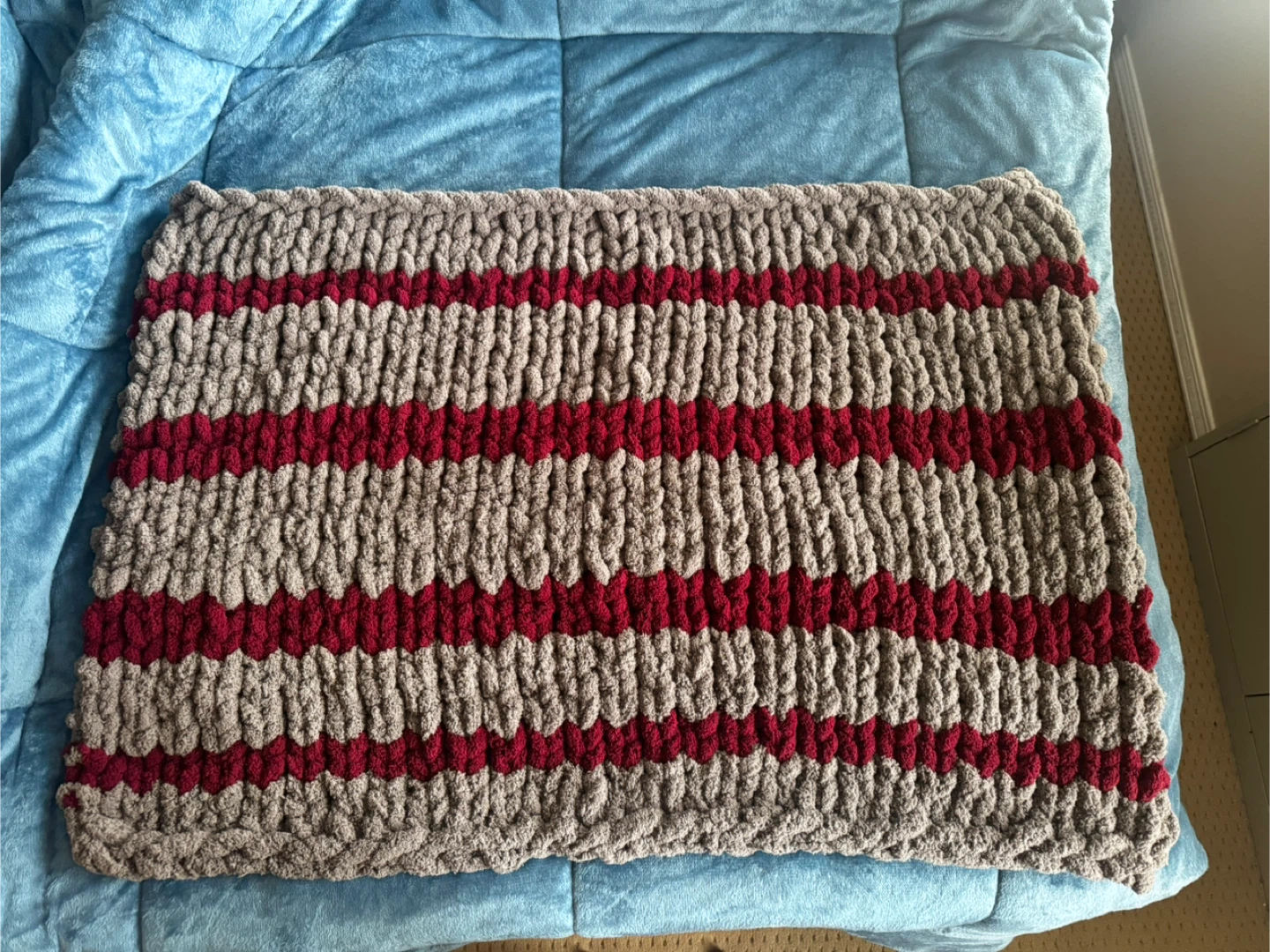 Handmade Chunky Knit Baby Blanket - Grey & Burgundy - photo 2