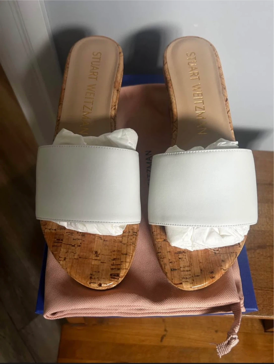 Stuart Weitzman White Leather Wedge Slides - Size 7.5